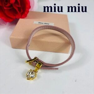 MIU MIU Madras Leather Bracelet Pink Gold Heart Crystal Bijoux  Japan